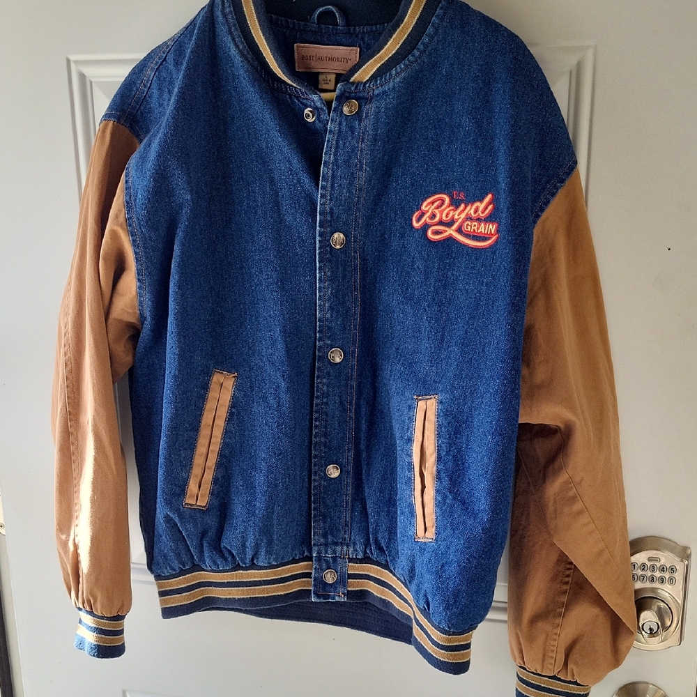 Vintage Port Authority Denim Varsity Jacket Large Blue Tan Bomber Workwear Boyd
